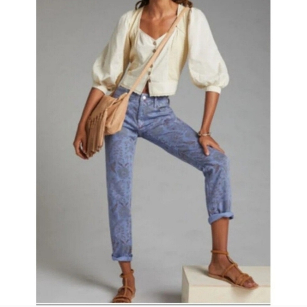 Anthropologie Pilcro and the Letterpress Blue Floral Boho Denim Jeans